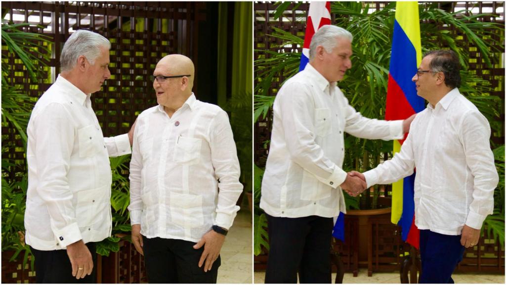 Miguel Díaz-Canel saluda al primer comandante del ELN, Antonio García (izda.), y a Gustavo Petro (dcha.).