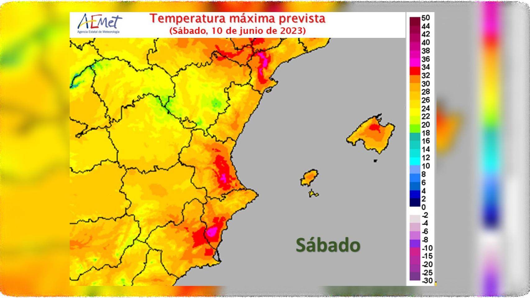 Asi muestra la AEMET el mapa de temperaturas para este sábado.