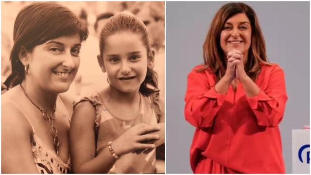 Sáenz de Buruaga, a la izquierda junto a su hija, y a la derecha tras ganar las elecciones en Cantabria.