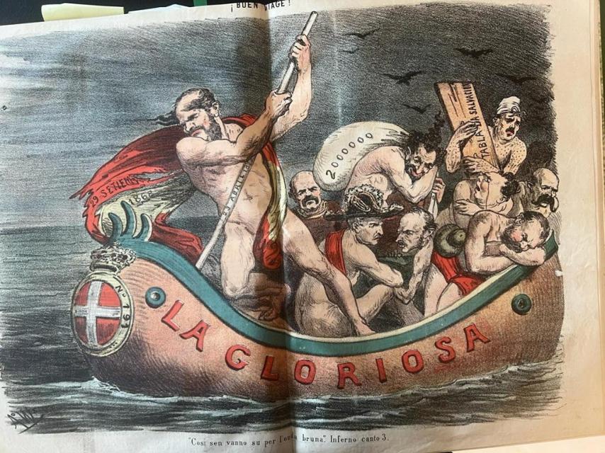 Caricatura de la revista 'La Flaca', con el almirante Topete conduciendo la barca de Caronte.
