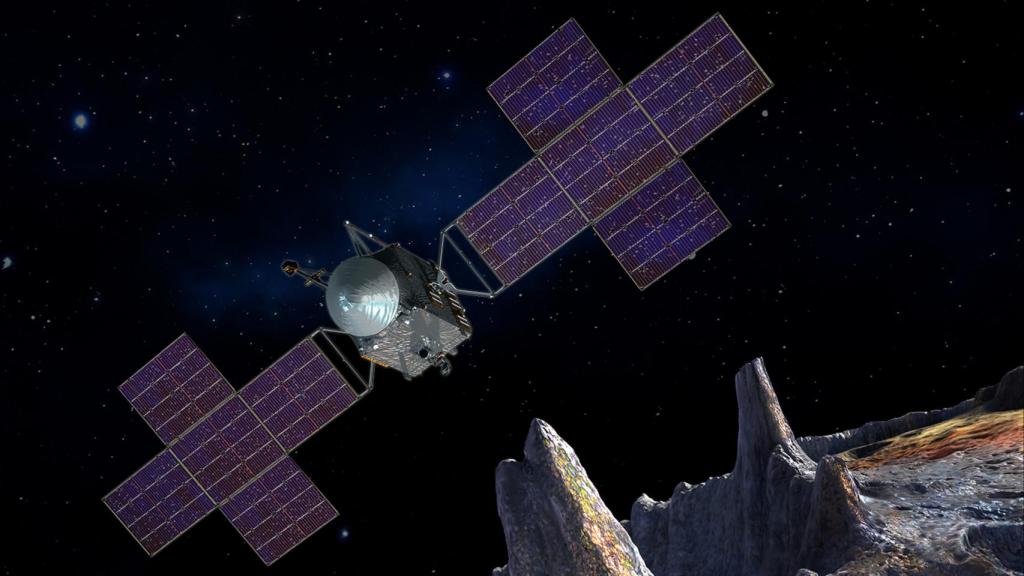 Representación de la nave espacial cerca de la superficie de Psyche