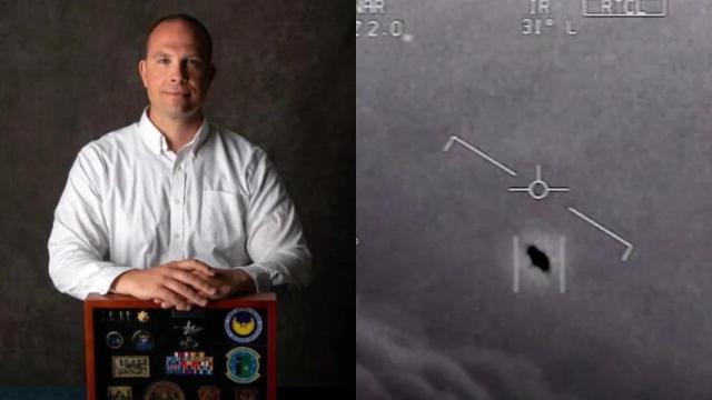 A la izquierda, David Grusch, ex agente de Inteligencia; a la derecha, una de las grabaciones OVNI divulgada por EEUU.