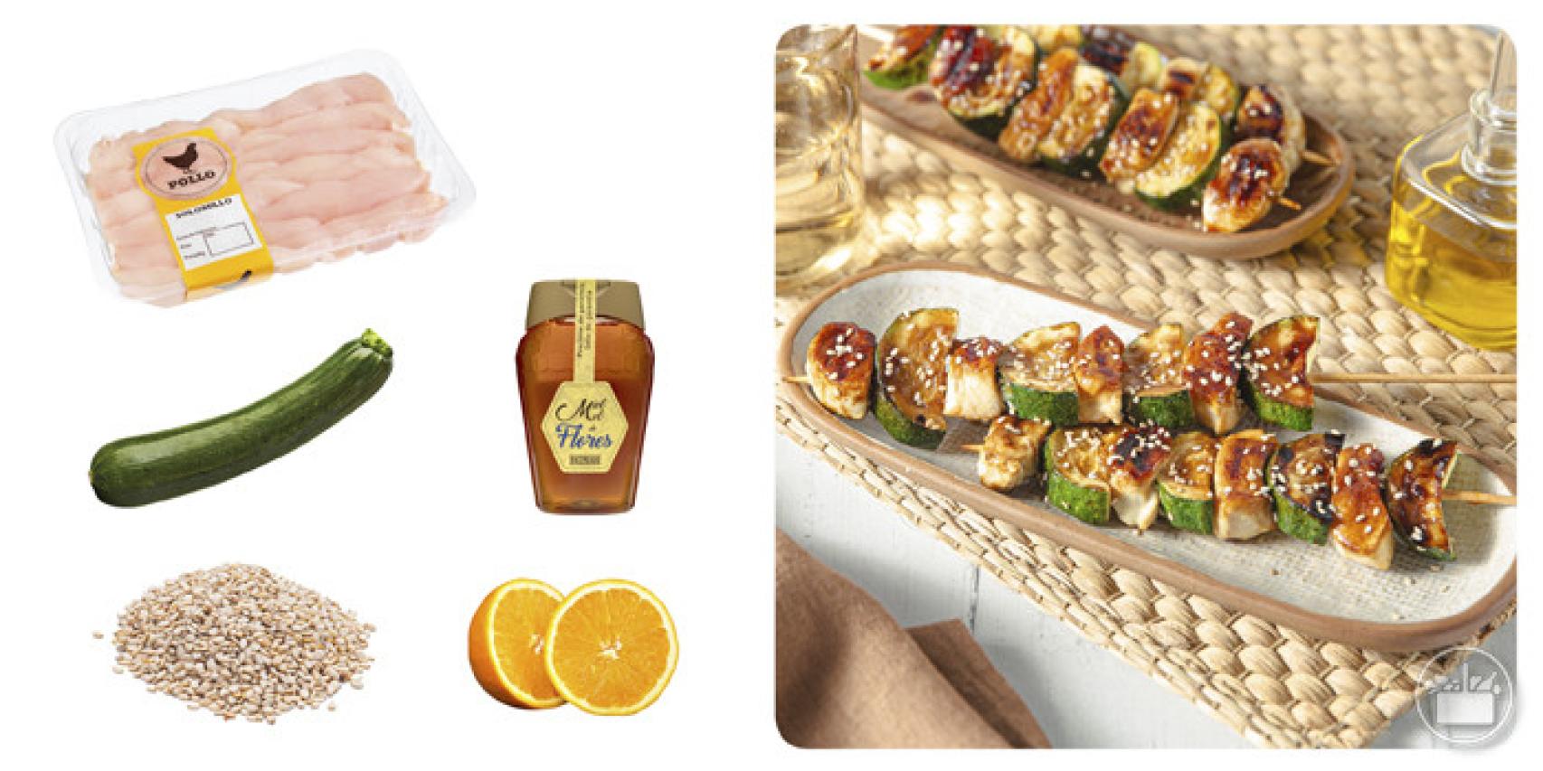 La brocheta de pollo y calabacín con sus ingredientes.