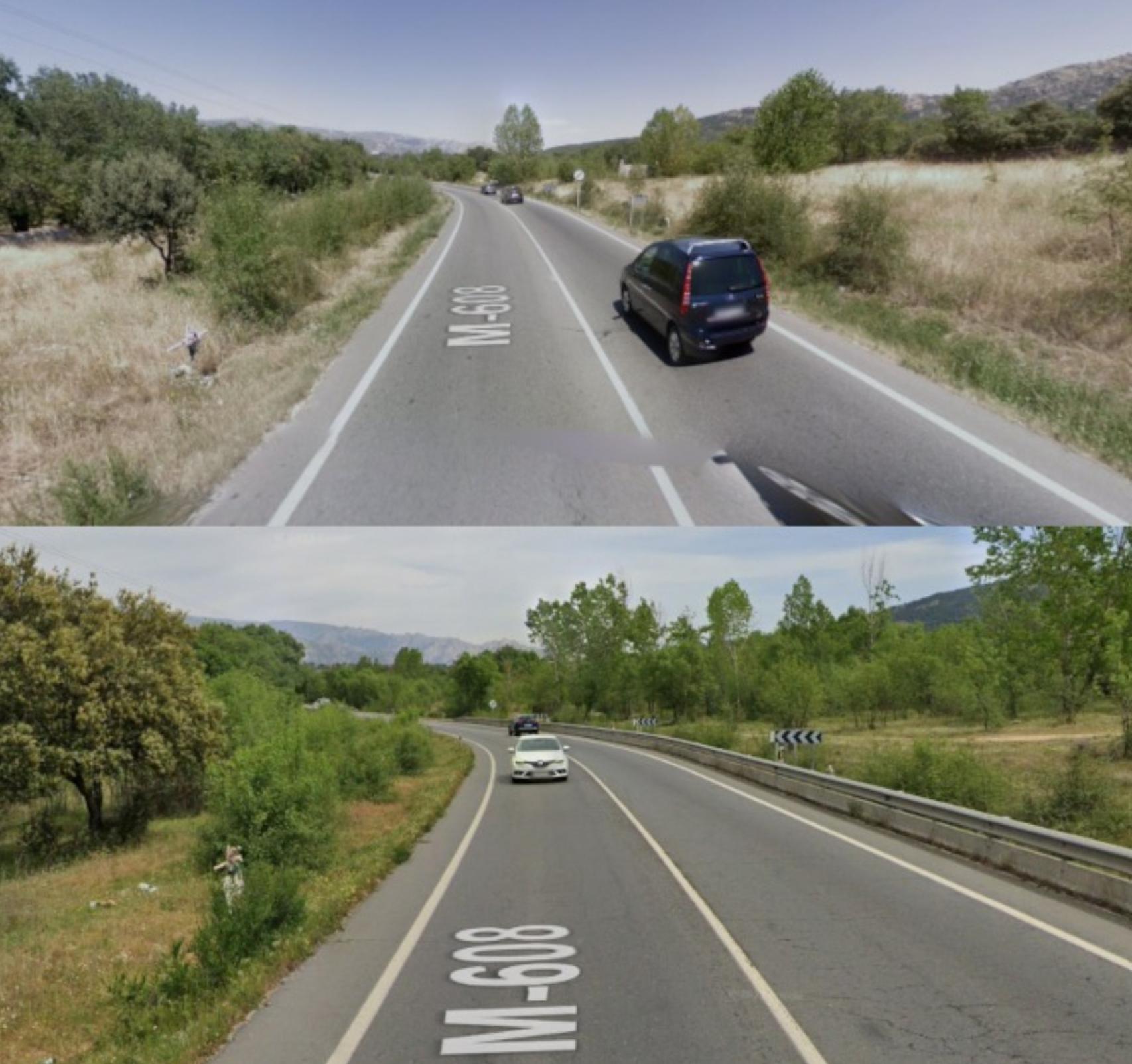 En la imagen superior, tramo de la M-608, a la altura del km 38, sin valla quitamiedos en 2008. Abajo, su estado en la actualidad, con el guardarraíl instalado en el carril en sentido Moralzarzal.