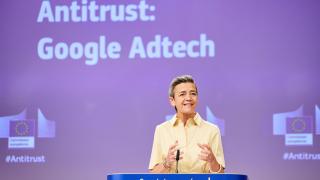 La vicepresidenta de la Comisión, Margrethe Vestager, durante la rueda de prensa de este miércoles