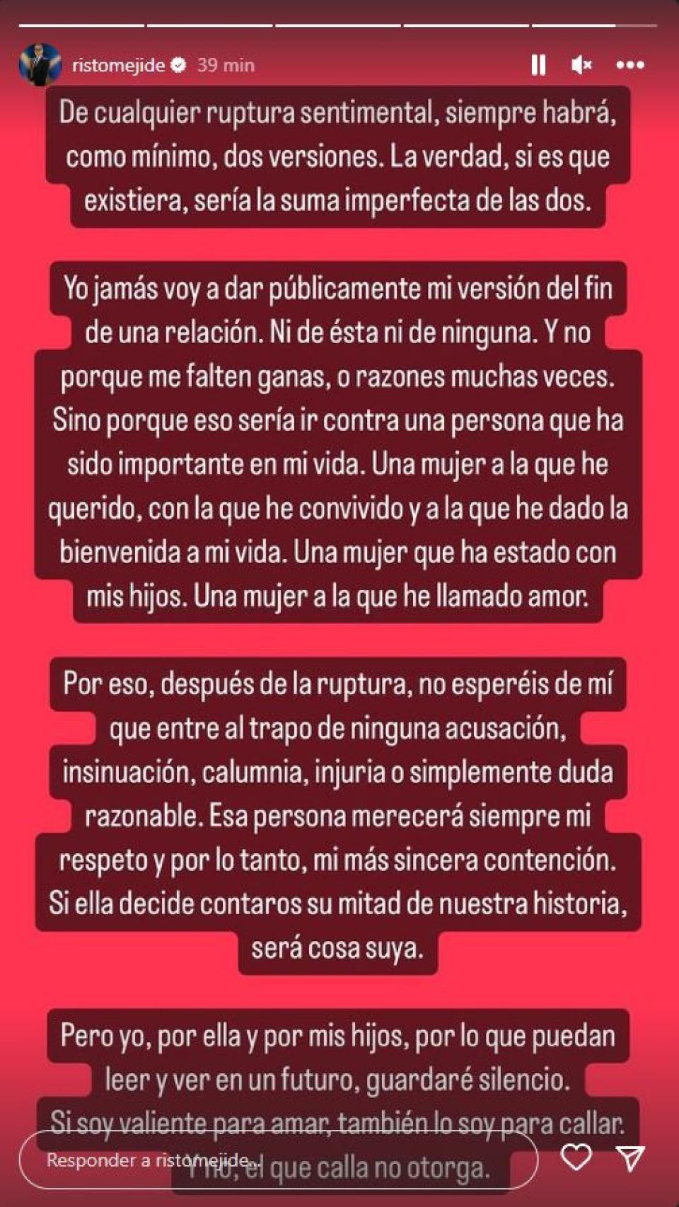 El comunicado de Risto Mejide sobre su ruptura.