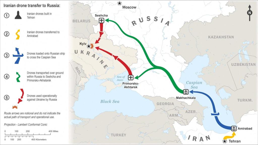 Una imagen muestra la transferencia de drones iraníes a Rusia , como evidencia de la nueva cooperación entre Rusia e Irán , en este folleto adquirido en  junio de 2023.