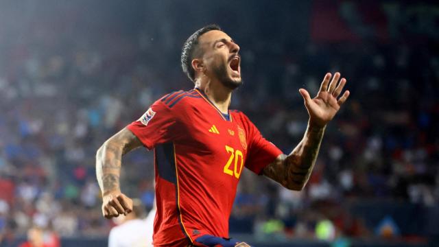 Joselu celebra el gol de la victoria ante Italia.
