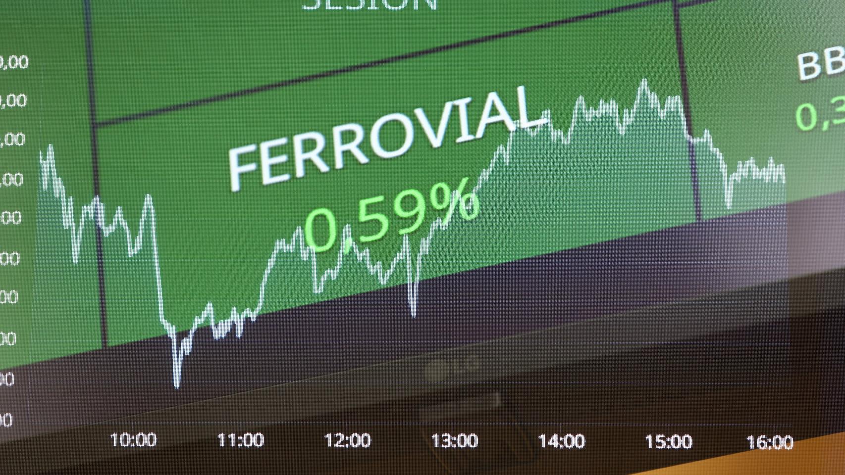 Un panel de Ferrovial en el Palacio de la Bolsa de Madrid.