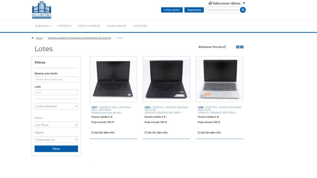 La web de la subasta con los ordenadores disponibles.