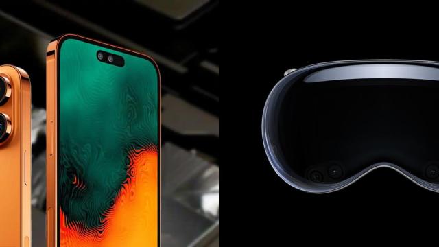 Fotomontaje con las Vision Pro y un render del iPhone 15.