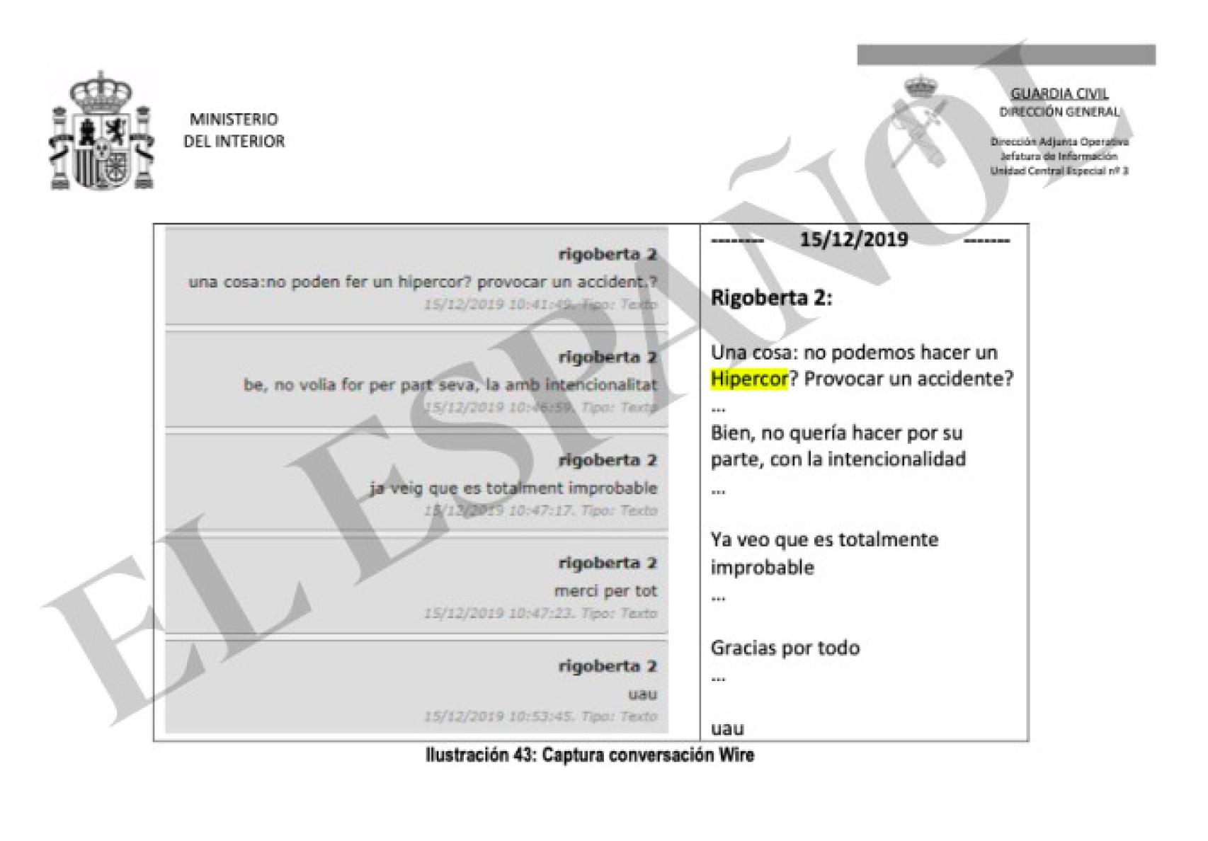 Fragmento de la conversación interceptada por la Guardia Civil a Oriol Soler.