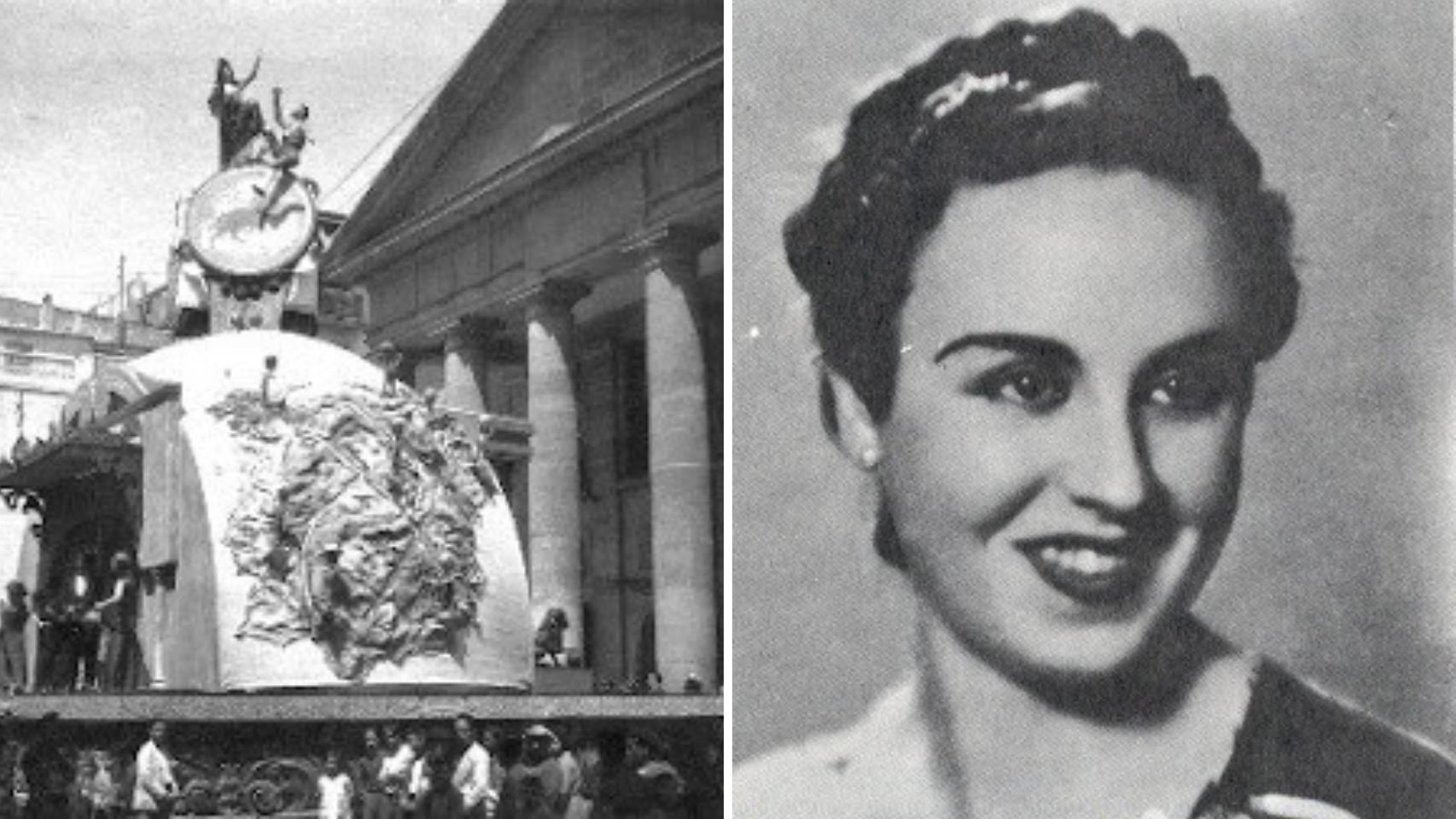 La primera Bellea del Foc, Ampario Quereda, junto al monumento de la Foguera Plaza de Ruperto Chapí (1932).