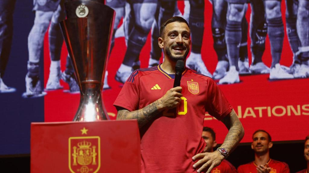 Joselu Mato, durante su discurso en la celebración de España de la UEFA Nations League