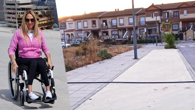 La granadina Teresa Romero, junto a una imagen que tomó del cable de las obras de un residencial que supuestamente le causó una aparatosa caída en la calle Mar Menor de Atarfe.