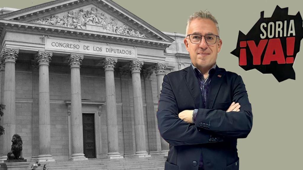 Ángel Ceña, de ¡Soria YA! junto al Congreso, en un montaje de El Español