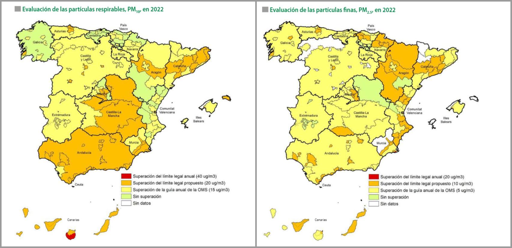 Superaciones de PM10 y PM2,5 con respecto a la legislación vigente.