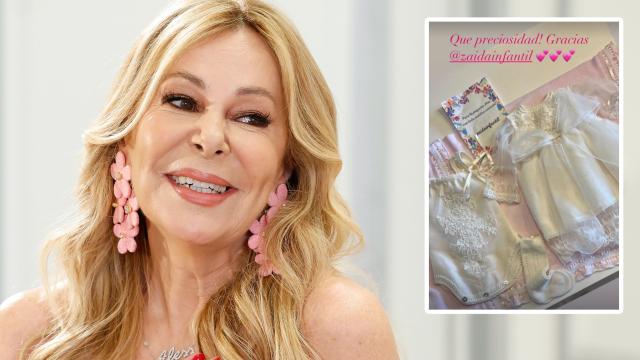 La actriz y presentadora Ana Obregón en un montaje de EL ESPAÑOL junto al traje de bautizo que ha recibido en los últimos días.