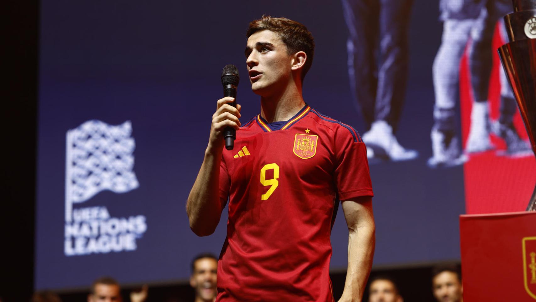 Gavi, durante su discurso en la celebración de España de la UEFA Nations League 2023