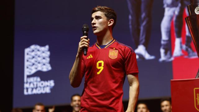 Gavi, durante su discurso en la celebración de España de la UEFA Nations League 2023