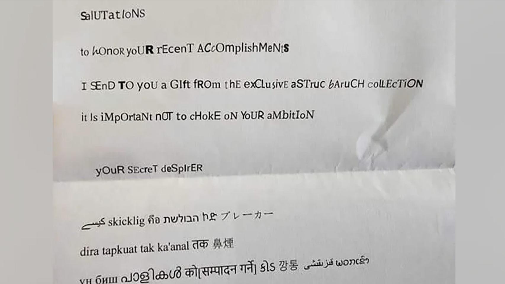 Imagen de la carta recibida por el representante de Kansas Stephen Owens y enviada a CNN.