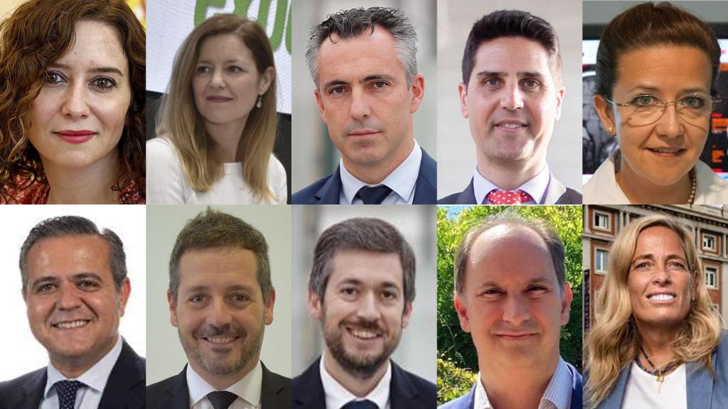 Arriba, de izquierda a derecha: Isabel Díaz Ayuso, Ana Dávila (Familia, Juventud y Asuntos Sociales), Carlos Novillo (Medio Ambiente), Emilio Viciana (Educación y Universidades), María Matute (Sanidad). Abajo, en el mismo orden: Jorge Rodrigo (Vivienda, Transportes e Infraestructuras), Mariano de Paco (Cultura, Turismo y Deporte), Miguel Ángel García (Presidencia, Justicia y Administración), Miguel López-Valverde (Digitalización) y Rocío Albert (Economía, Hacienda y Empleo).
