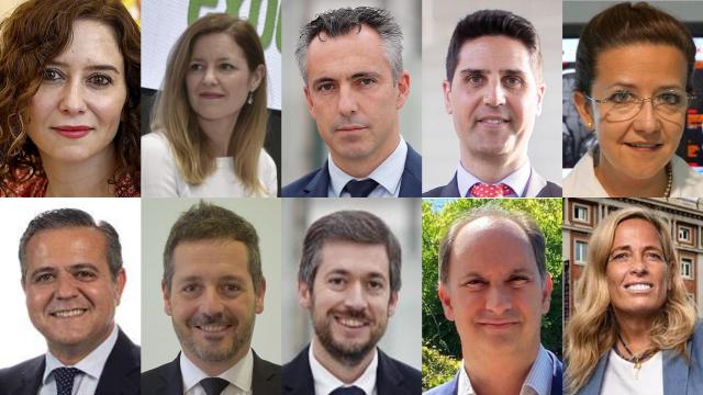 Arriba, de izquierda a derecha: Isabel Díaz Ayuso, Ana Dávila (Familia, Juventud y Asuntos Sociales), Carlos Novillo (Medio Ambiente), Emilio Viciana (Educación y Universidades), María Matute (Sanidad). Abajo, en el mismo orden: Jorge Rodrigo (Vivienda, Transportes e Infraestructuras), Mariano de Paco (Cultura, Turismo y Deporte), Miguel Ángel García (Presidencia, Justicia y Administración), Miguel López-Valverde (Digitalización) y Rocío Albert (Economía, Hacienda y Empleo).