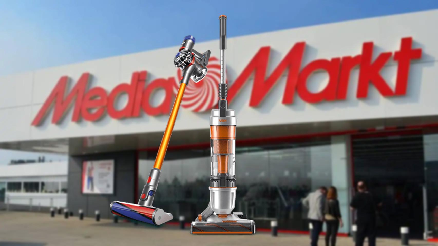 Fotomontaje con un MediaMarkt y una Dyson V8 Absolute.