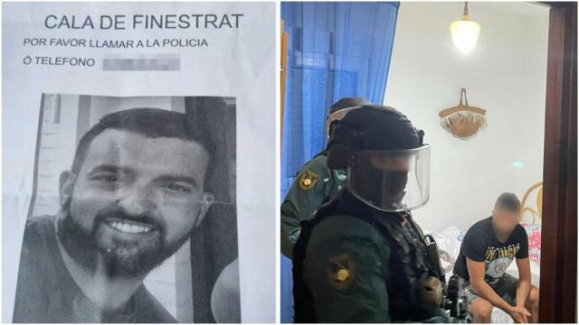 Amine, en la foto de un cartel que difundió un familiar para recabar información sobre su paradero. Al lado, dos guardias civiles el día que le liberaron en la Casa Pascual de Yecla.