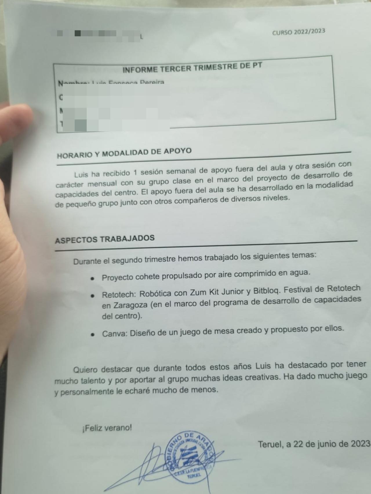 Un informe que acredita las actividades que practica Luis. No tiene nada que ver con la flexibilización y aceleración de contenidos.