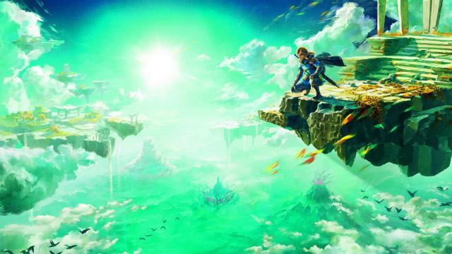 Link contempla Hyrule desde las islas en el cielo.