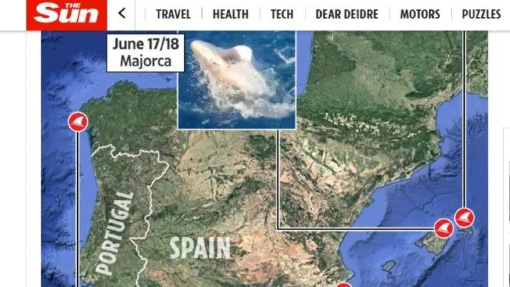 El mapa con el que 'The Sun' alerta de la presencia de tiburones.