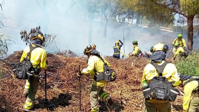 Bomberos del INFOCA trabajan en el fuego de Mijas.