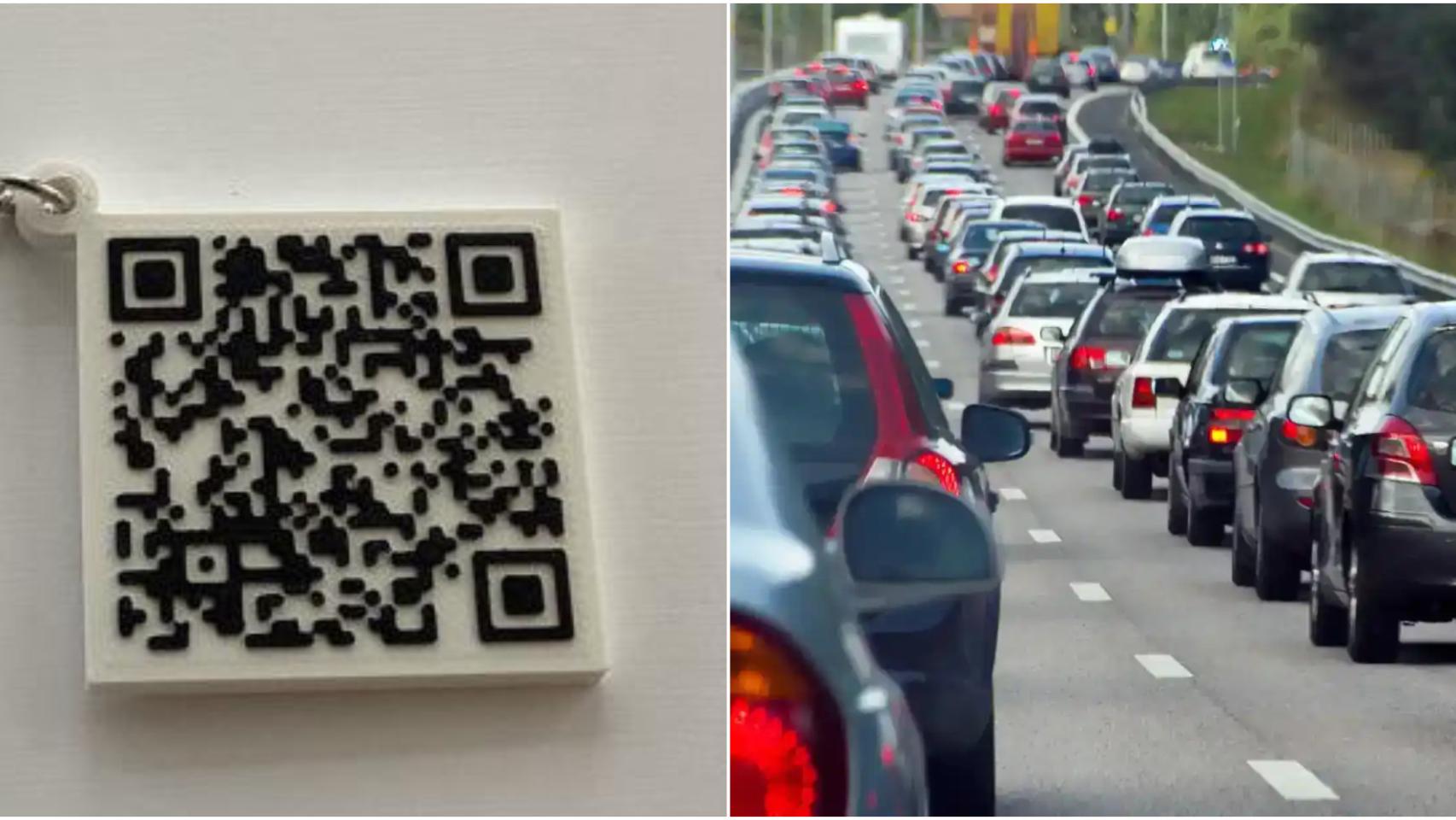 El código QR en un llavero y un fila de coches en un atasco