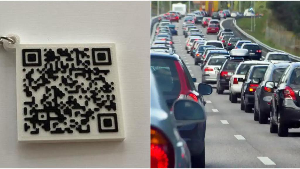 El código QR en un llavero y un fila de coches en un atasco