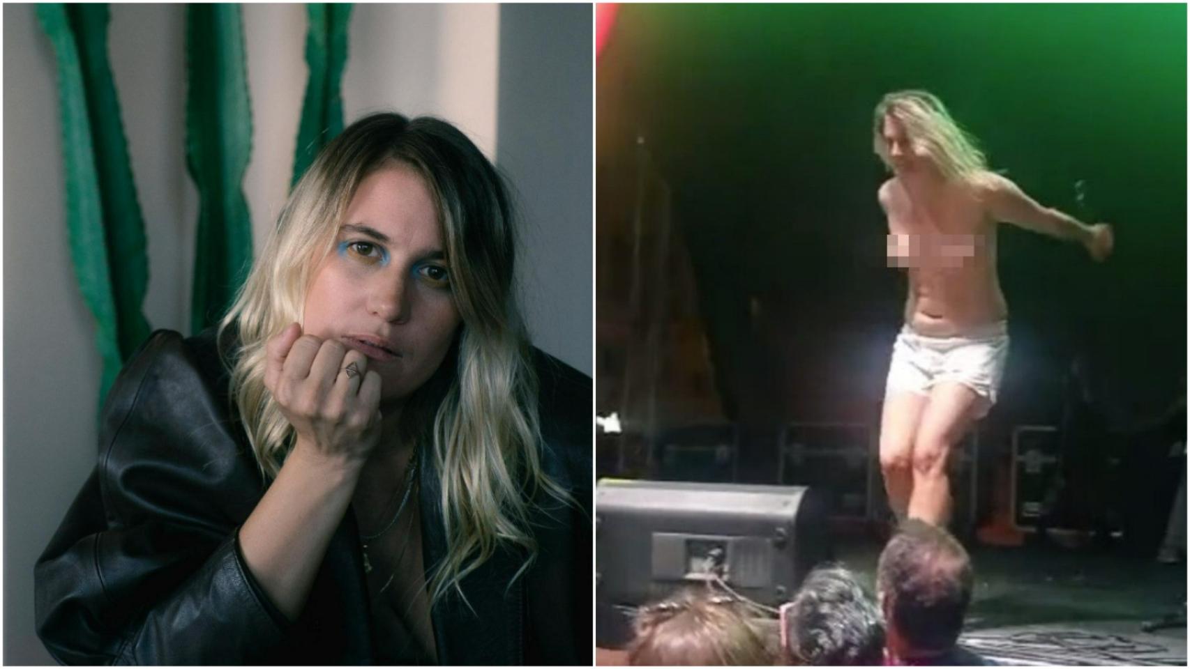 La cantante y activista LGTBI, Rocío Saiz, en una foto de su cuenta de Instagram, junto a una imagen del concierto del Orgullo en Murcia donde fue multada.