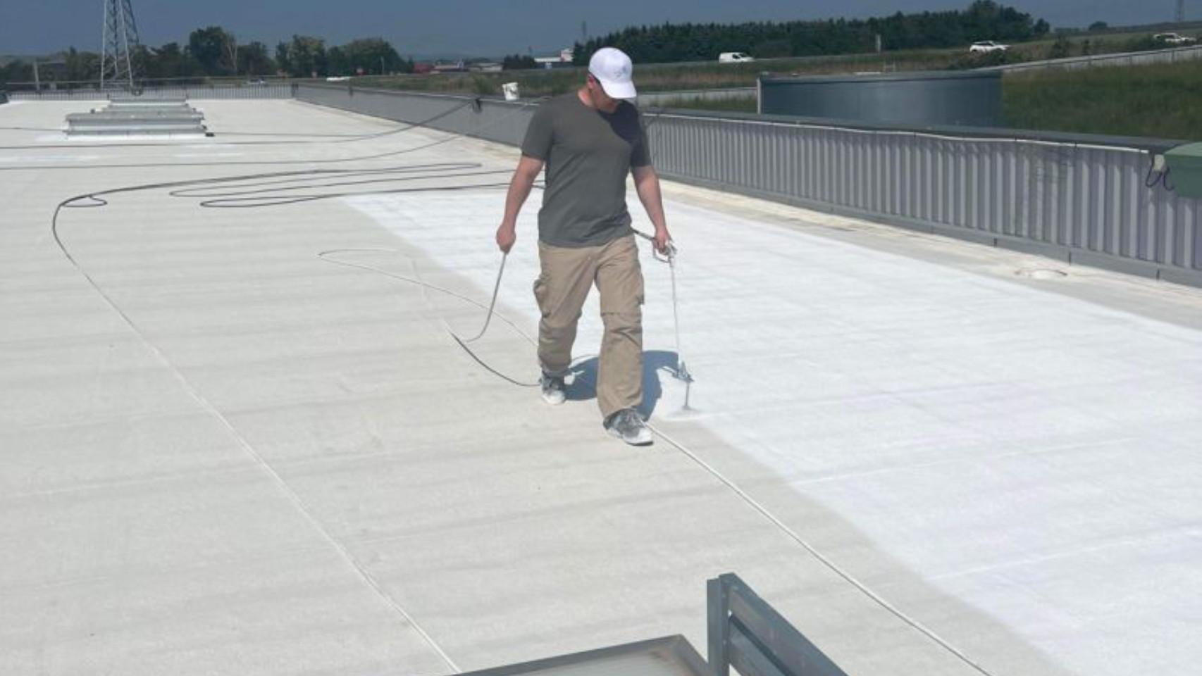 Una persona pintando un tejado con el revestimiento francés.