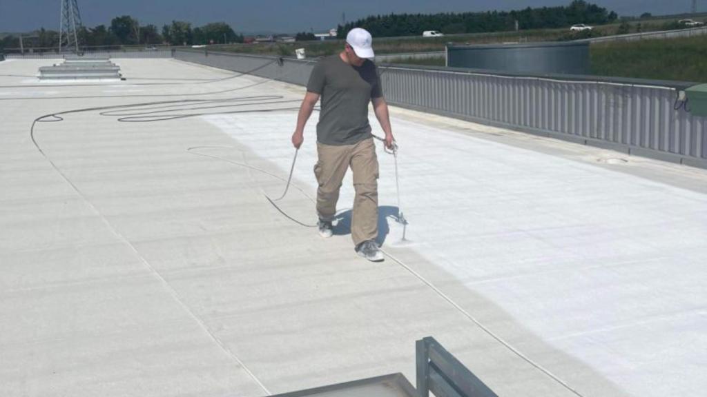 Una persona pintando un tejado con el revestimiento francés.