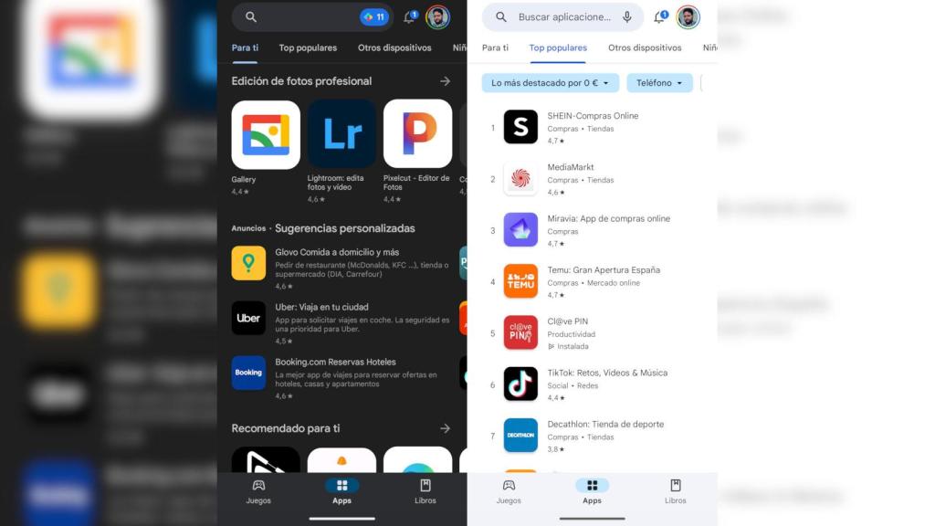El color azul aparece en Google Play tanto en el modo oscuro como en el claro