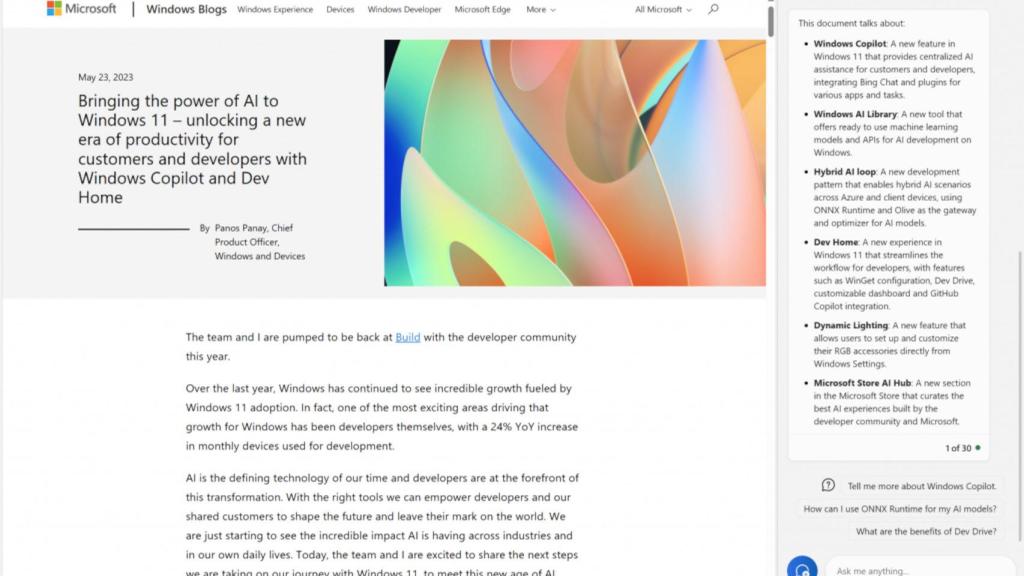 Windows Copilot podrá resumir las páginas web que visitamos