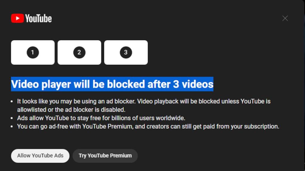 La pantalla de YouTube que avisa del bloqueo del usuario