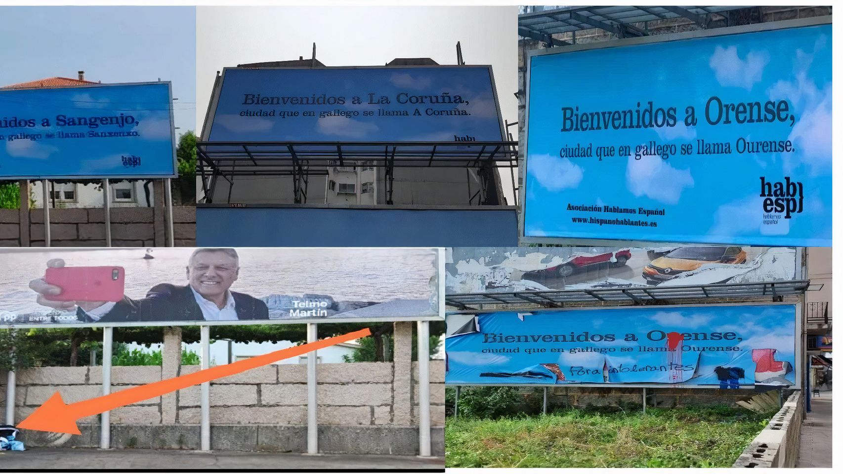 Vallas de Hablamos Español arrancadas o pintadas en Galicia.