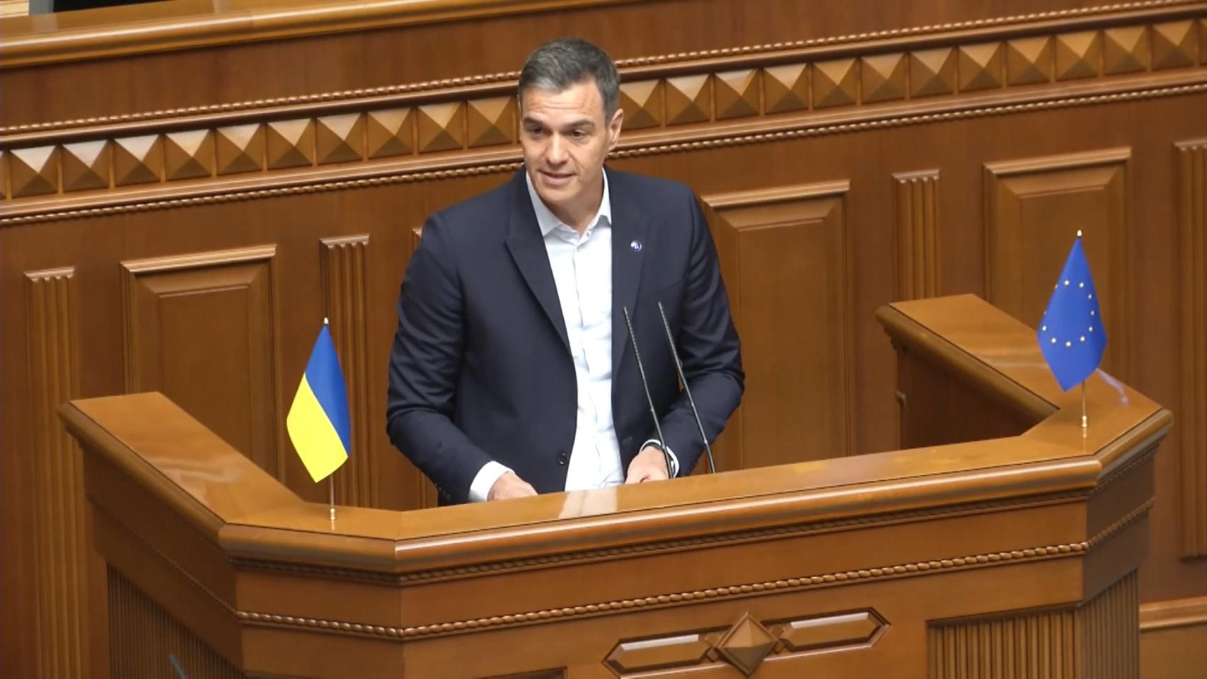 El presidente del Gobierno, Pedro Sánchez, durante su discurso en Kiev