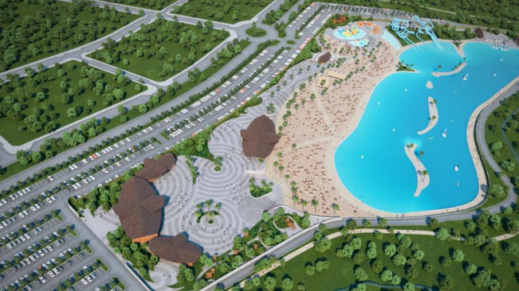 Vista aérea virtual del complejo acuático proyectado en Alovera, Guadalajara.