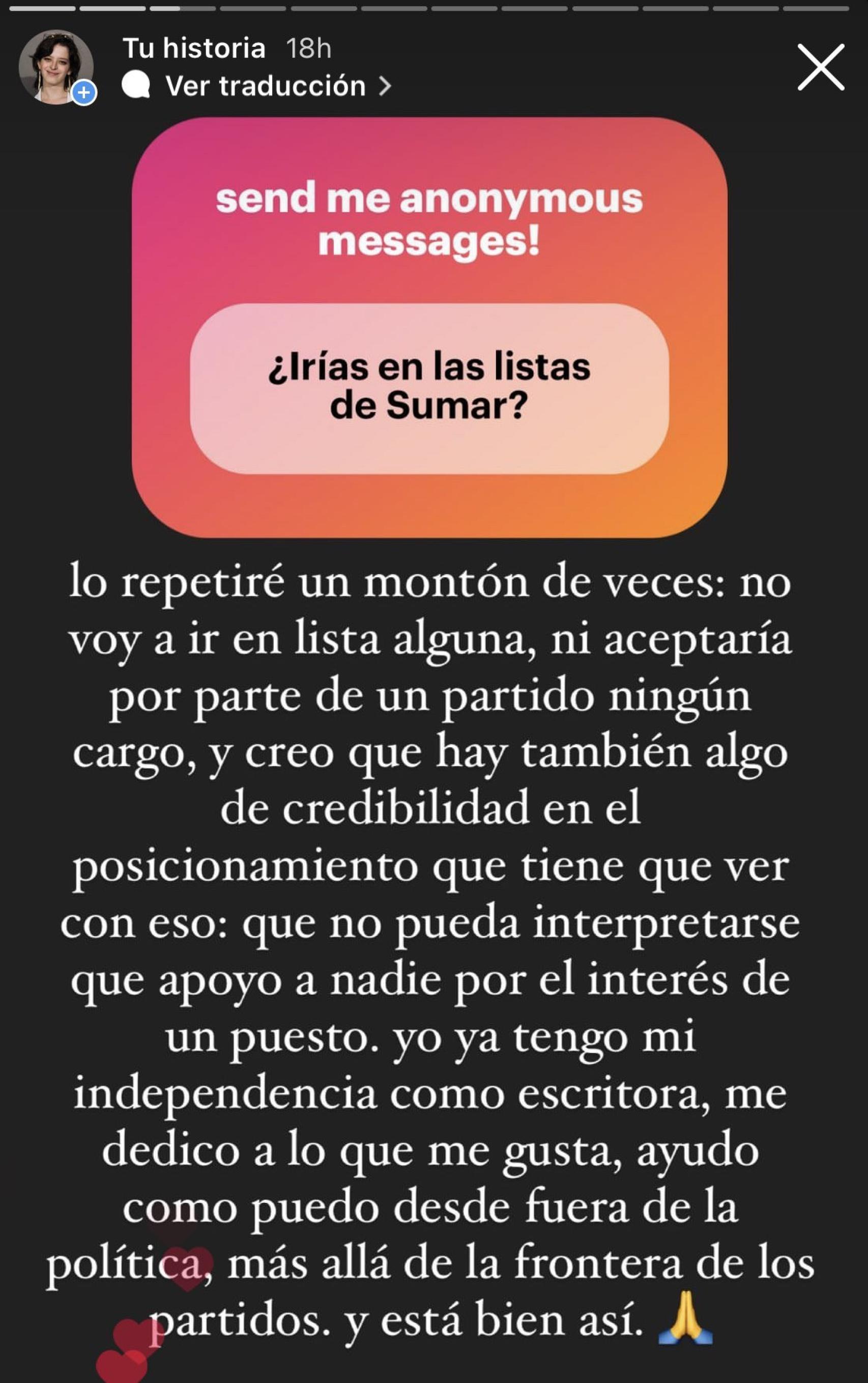 Texto compartido por Duval en sus redes sociales, en el que rechaza cargo alguno en Sumar.