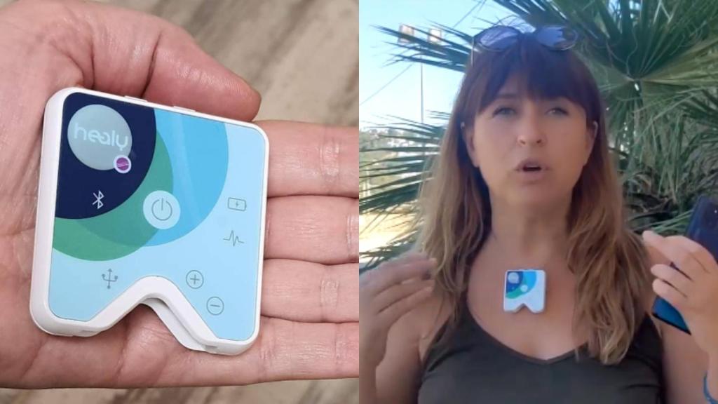 Imagen del aparato Healy y de Evangelina Alfaro utilizándolo sobre su pecho