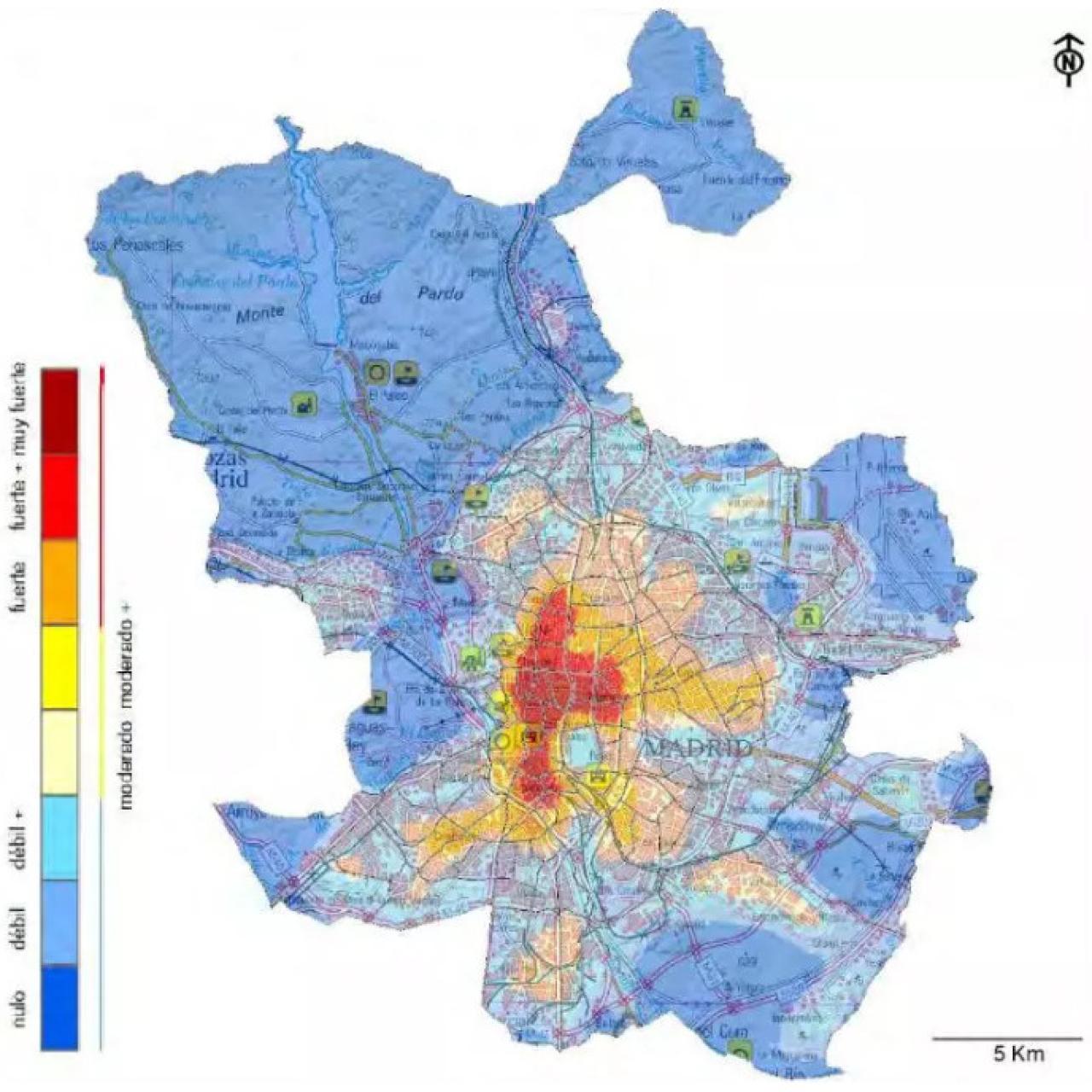 Mapa de incidencia de la isla de calor en Madrid.