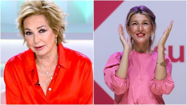 A la izquierda, Ana Rosa Quintana durante la emisión de un programa. A la derecha, la líder de 'Sumar', Yolanda Díaz, en un acto de la formación.