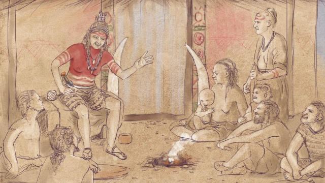 Ilustración de Miriam Luciañez Triviño que recrea a la Señora del Marfil (h. 3.200-2.200 a. C.) en una posición destacada durante una reunión