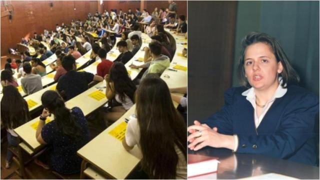 A la izquierda, estudiantes en clase. A la derecha, Cinzia Paolina De Lio.
